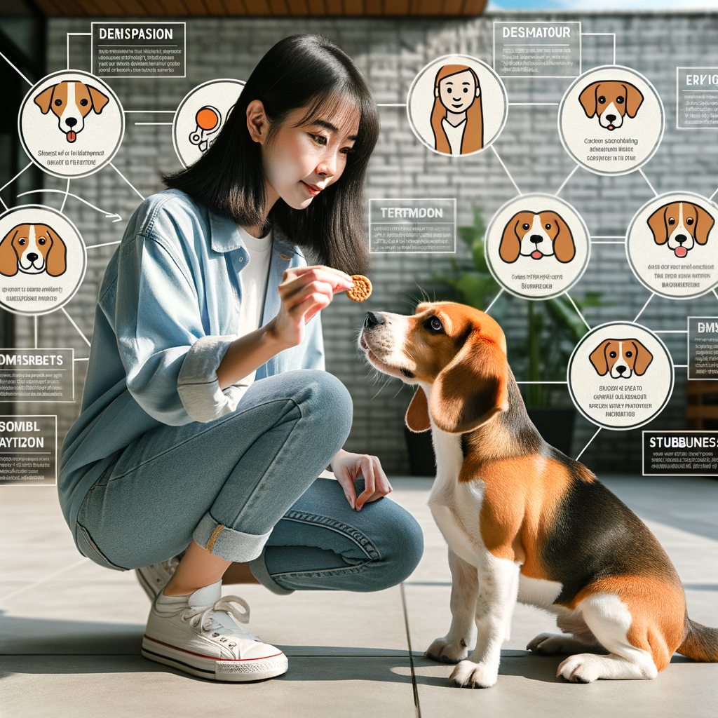 Professional dog trainer demonstrating Beagle temperament traits and behavior patterns, with infographics explaining Beagle breed characteristics, personality traits, and behavior issues for understanding and managing Beagle behavior.