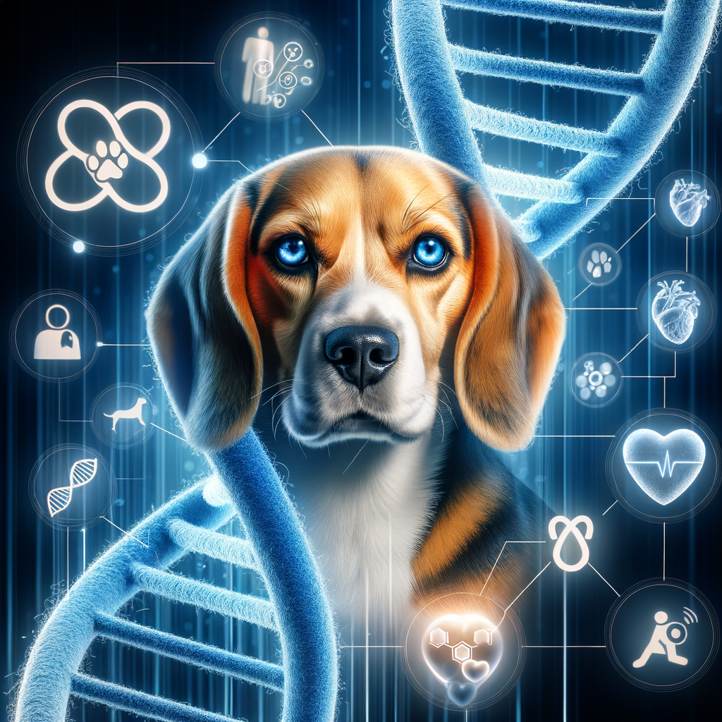 Close-up of Beagle DNA strand intertwined with health icons, illustrating the role of genetics in Beagle health, Beagle genetic diseases, and Beagle hereditary health issues, highlighting the impact on Beagle lifespan.