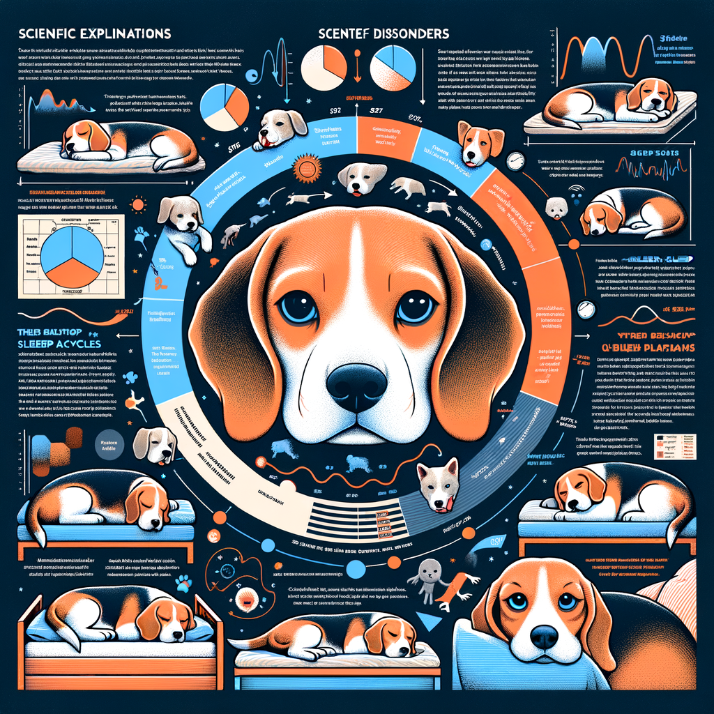 Infographic illustrating Beagle sleep patterns, Beagle rest patterns, and the science of dog sleep, providing insight into understanding Beagle sleep behavior, cycle, needs, and common sleep disorders.