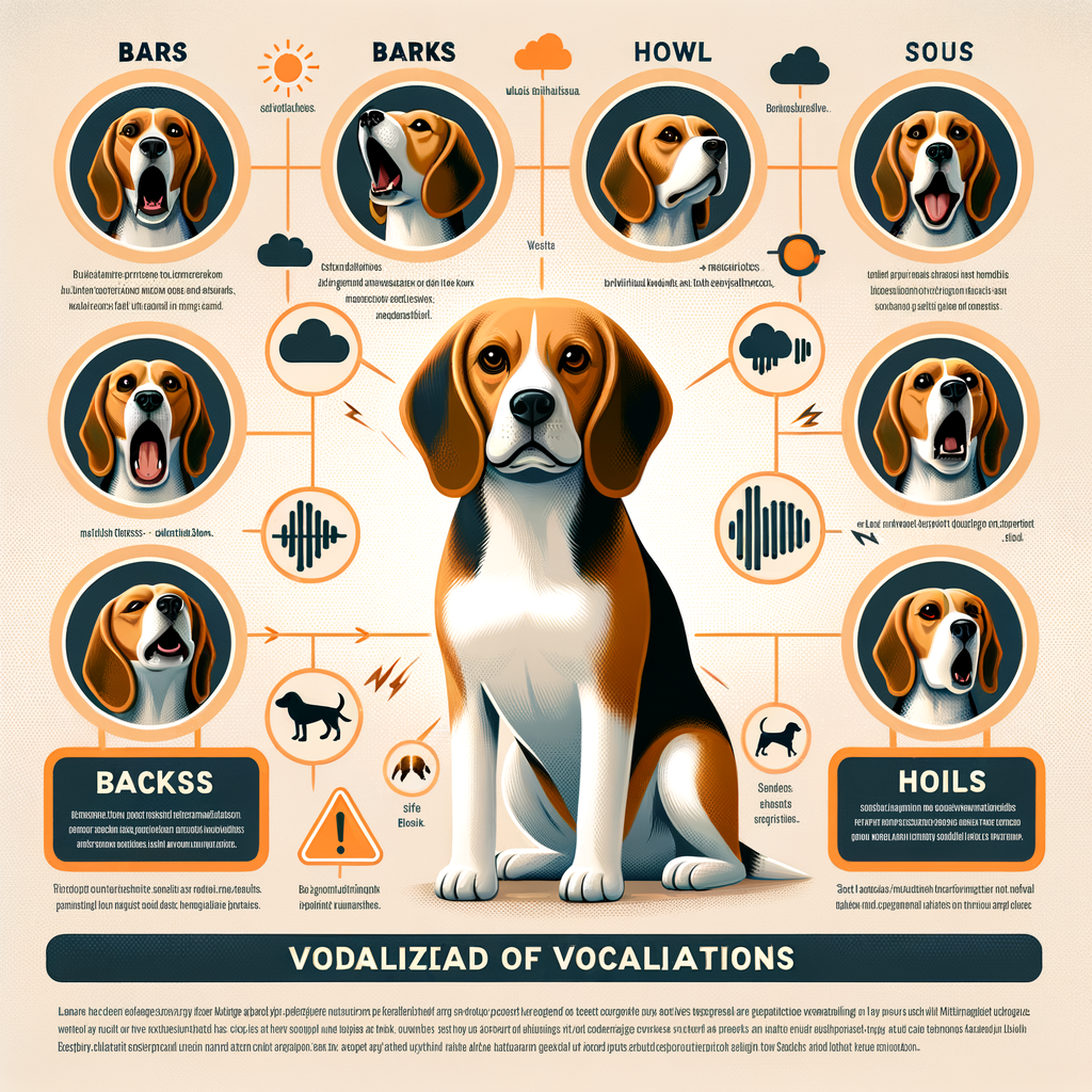 Infographic depicting Beagle vocalizations including barking and howling, providing insight into understanding Beagle sounds, behavior, and communication for interpreting Beagle noises.