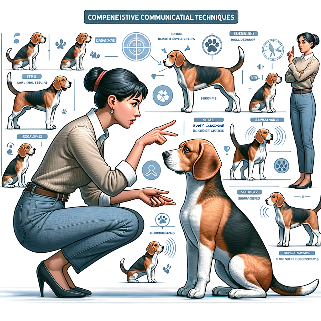 Professional dog trainer interpreting Beagle behavior signals and demonstrating Beagle communication methods, including Beagle body language and vocal signals, for a comprehensive Beagle communication guide.