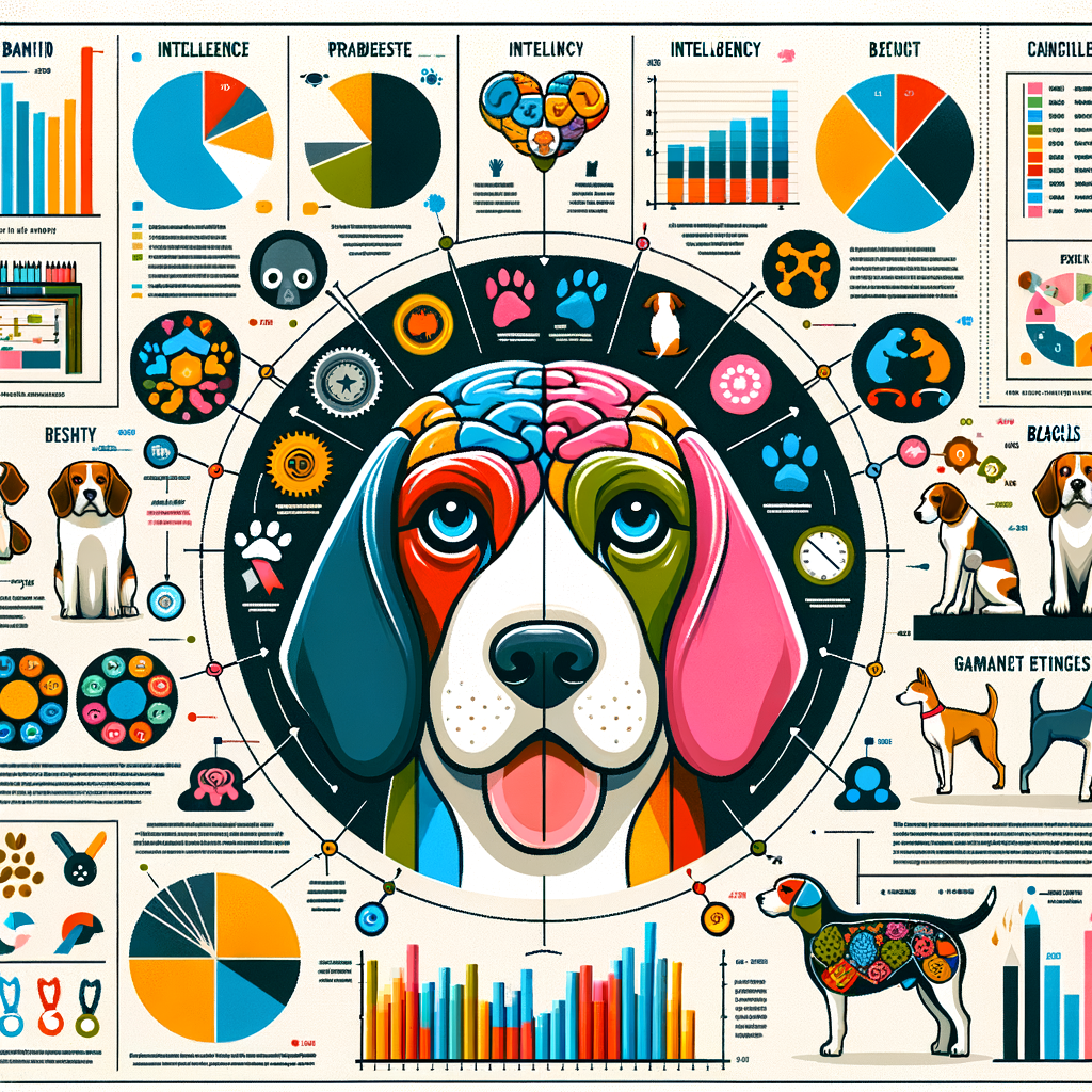 Infographic showcasing Beagle intelligence levels compared to other dog breeds, highlighting Beagle behavior and traits, with a cross-section of a Beagle brain representing canine cognition and understanding the Beagle mind.
