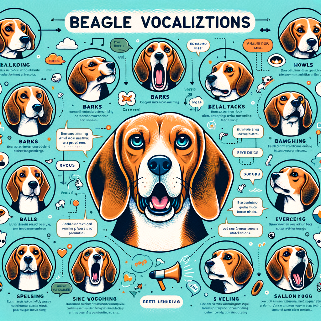 Infographic illustrating Beagle vocalizations including barks and howls, providing a comprehensive guide to understanding Beagle sounds, communication, and noise interpretation.