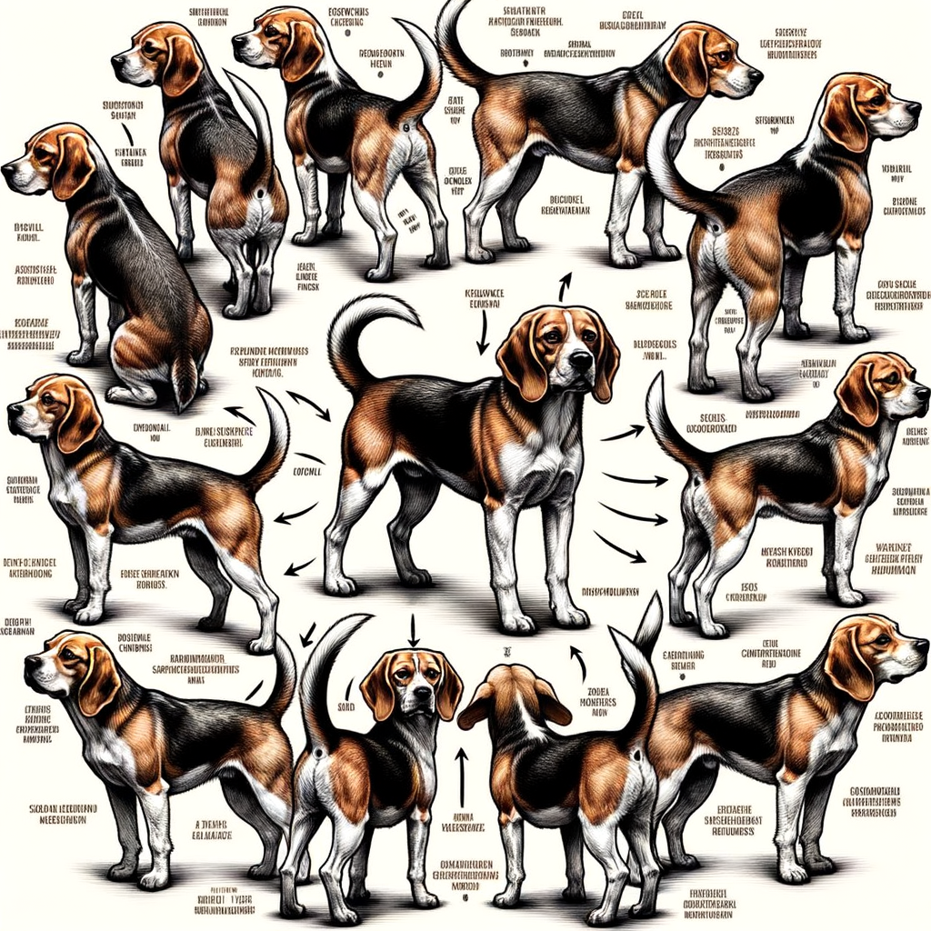 Professional illustration of Beagle tail wagging movements, highlighting Beagle behavior, communication, and breed characteristics for better understanding of Beagle body language and tail signals interpretation.