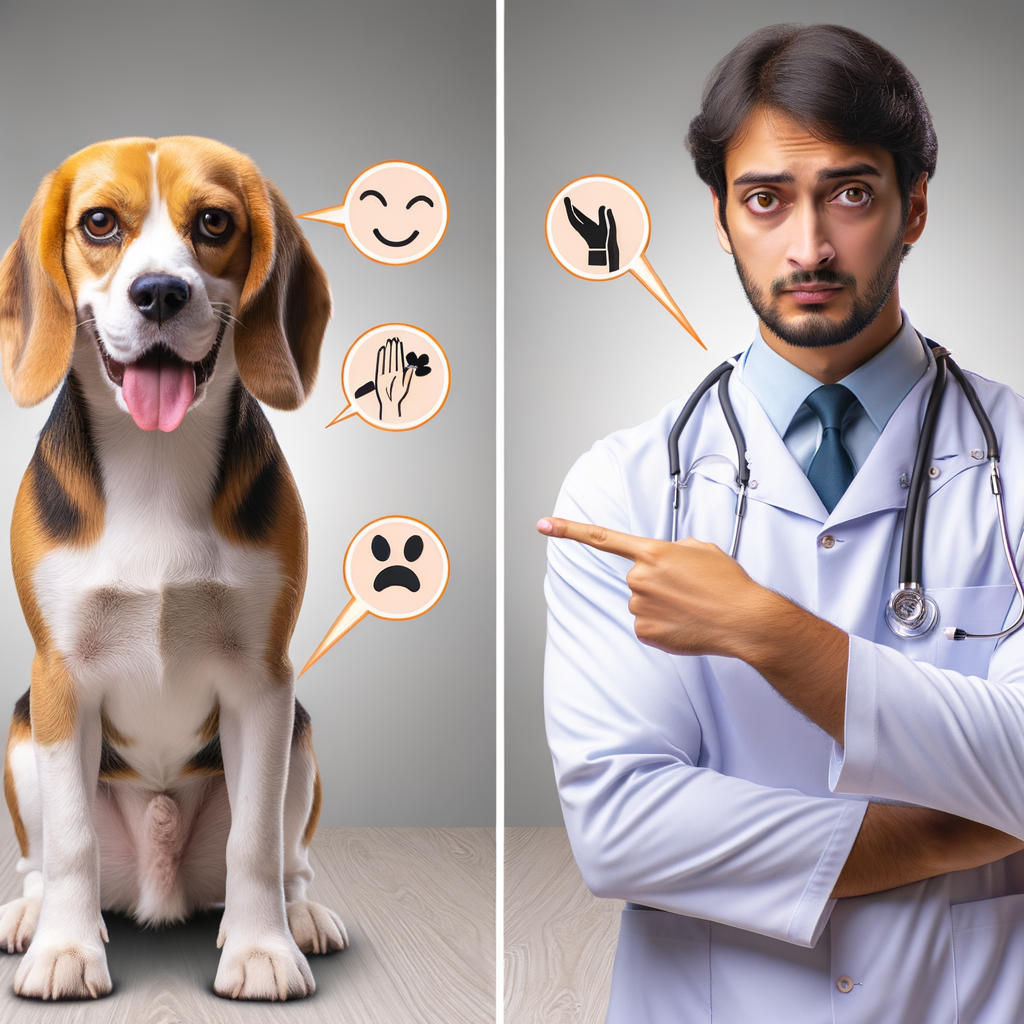 Veterinarian expertly recognizing Beagle's emotions, pointing out the key differences between happy Beagle signs and discomfort signs in Beagles, illustrating understanding of Beagle behavior and mood indicators.