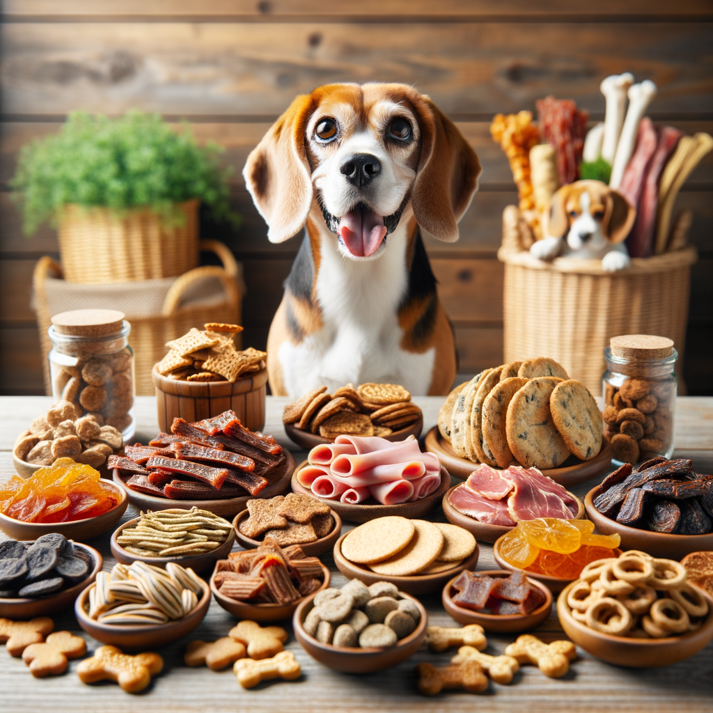 Assortment of natural and homemade beagle dog treats showcasing a healthy beagle diet, nutritious snacks, and the best treats for beagles with a happy beagle in the background emphasizing beagle nutrition.