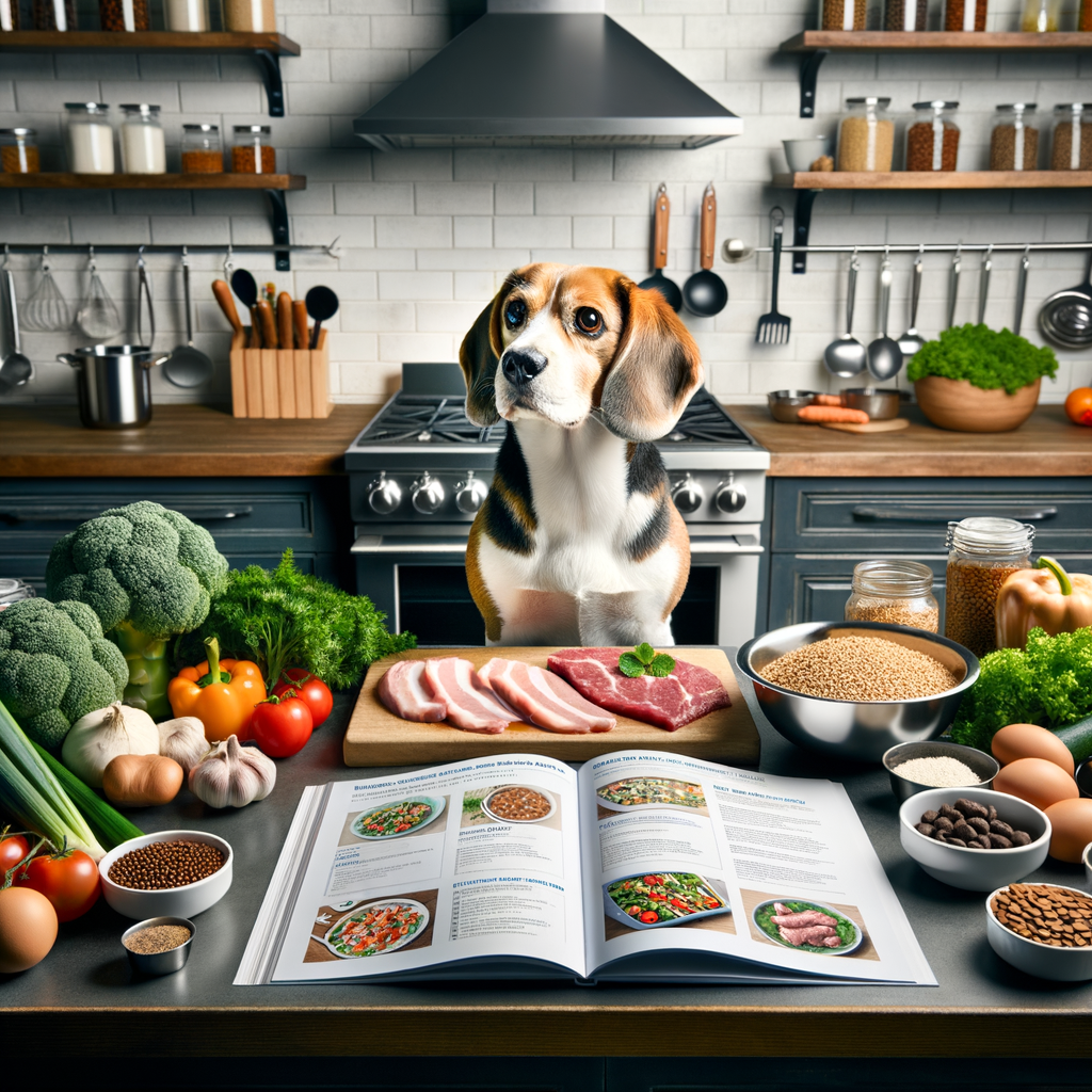 Beagle attentively watching the preparation of homemade dog food in a professional kitchen, highlighting beagle nutrition and diet, with a beagle food guide and nutritious dog recipes book in the background.