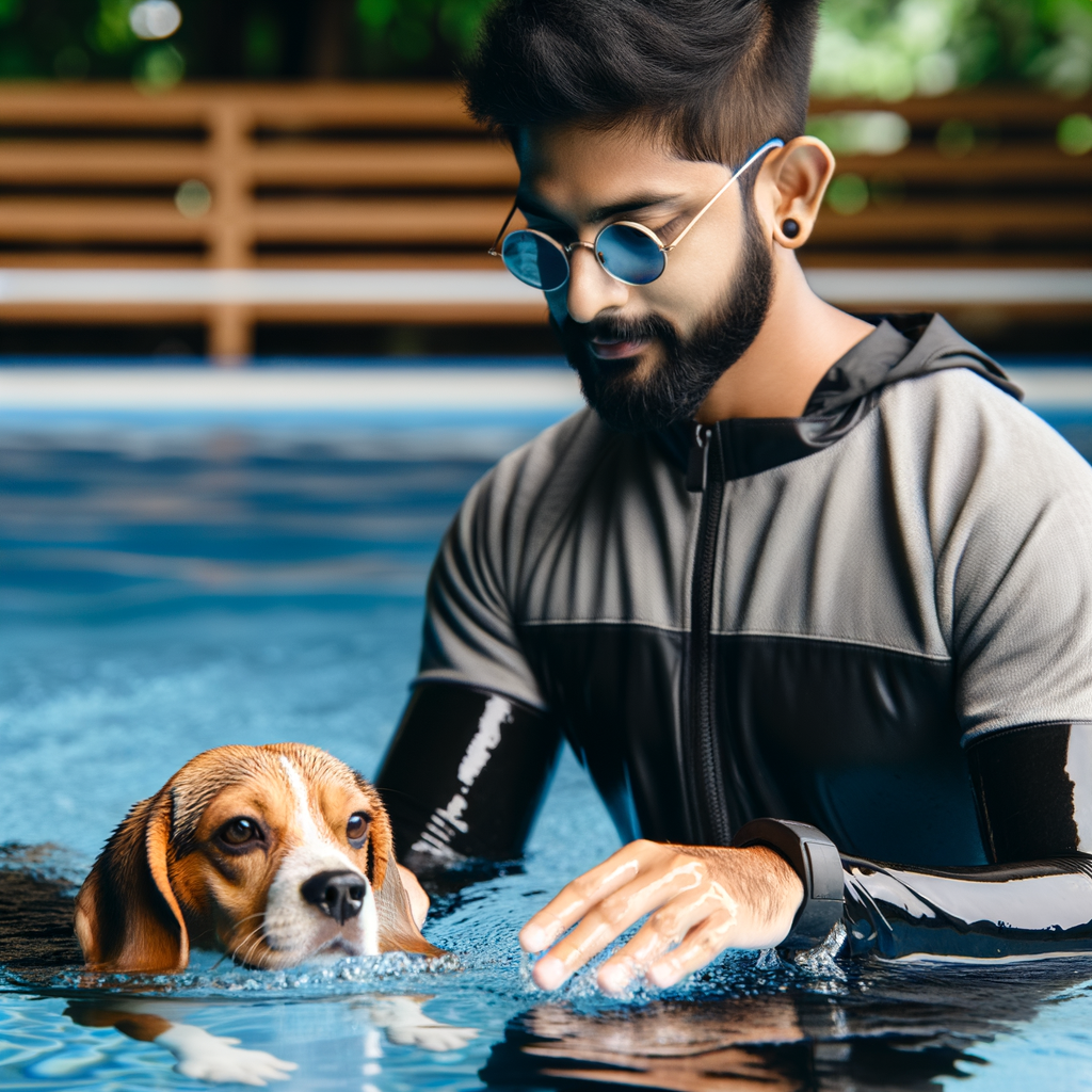 Beagle trainer providing swimming lessons to overcome Beagle water fear, highlighting Beagle swimming safety and water safety tips for Beagles in a controlled pool environment.