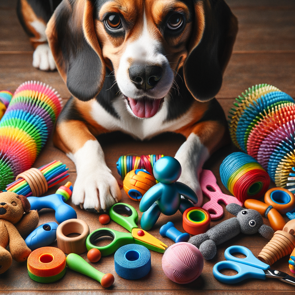 Playful Beagle enjoying a variety of colorful, homemade DIY dog toys, showcasing creative Beagle DIY projects for endless pet entertainment.