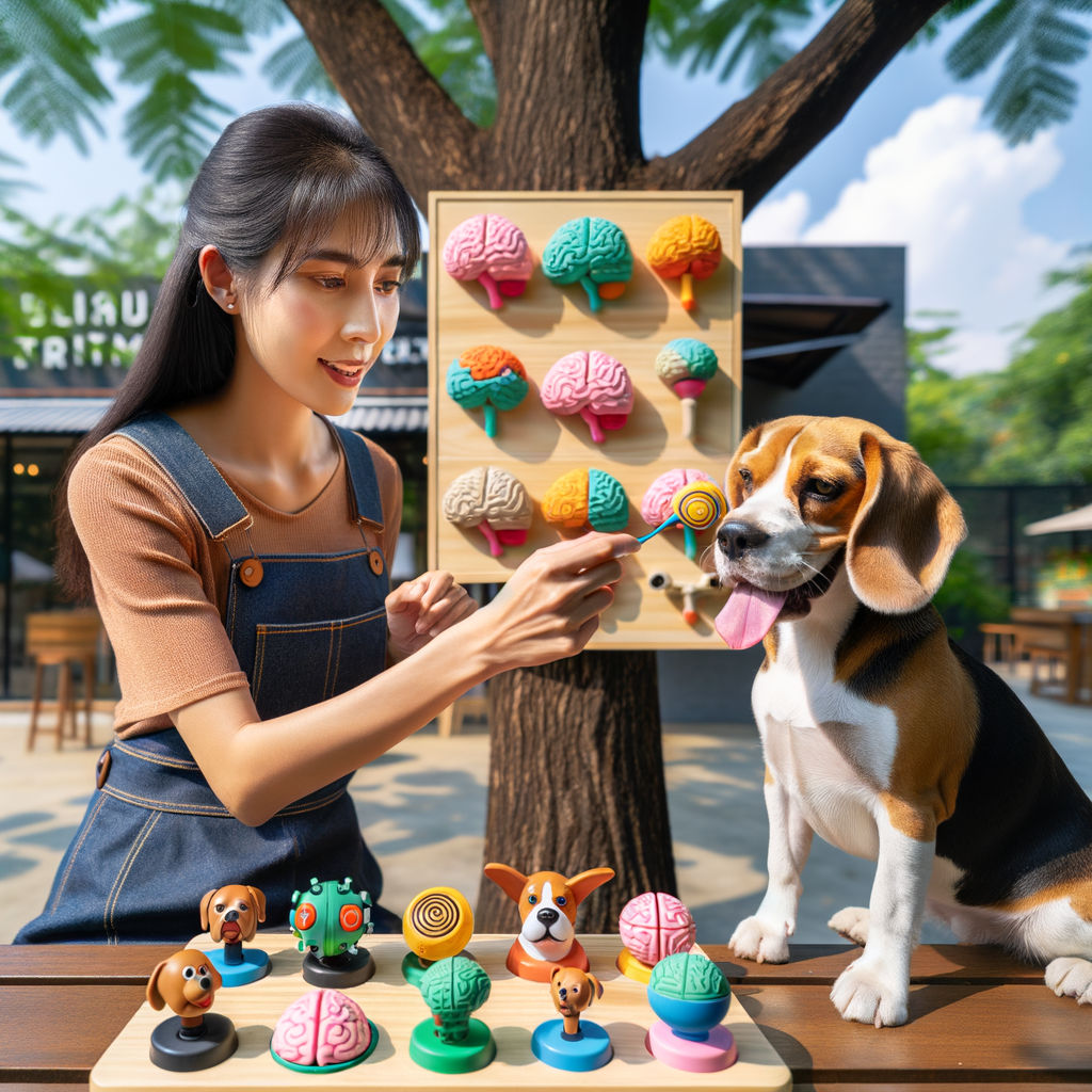 Professional dog trainer using interactive dog toys for Beagle training techniques, offering Beagle training tips and engaging Beagle's mind with brain games for mental stimulation.