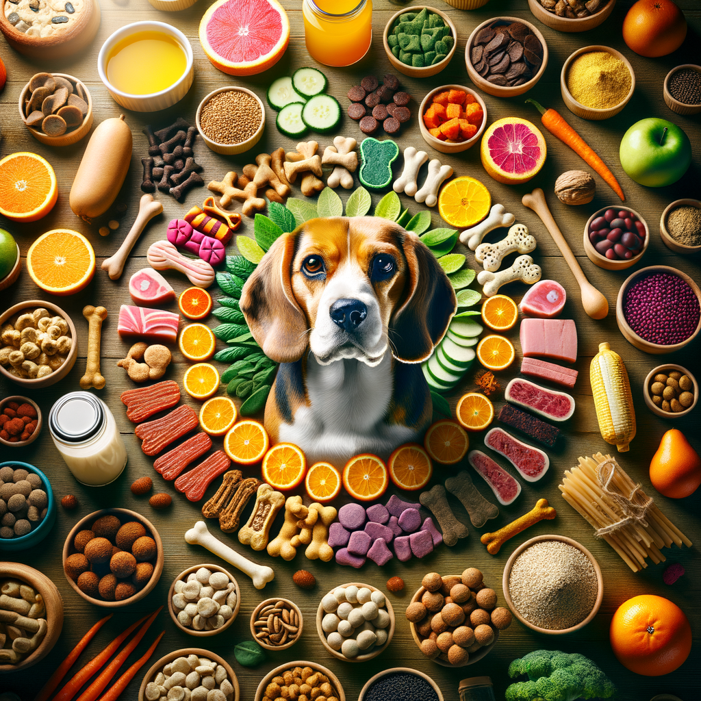 Variety of healthy Beagle treats including delicious dog treats and nutritious snacks, highlighting the best options for Beagle diet and nutrition.
