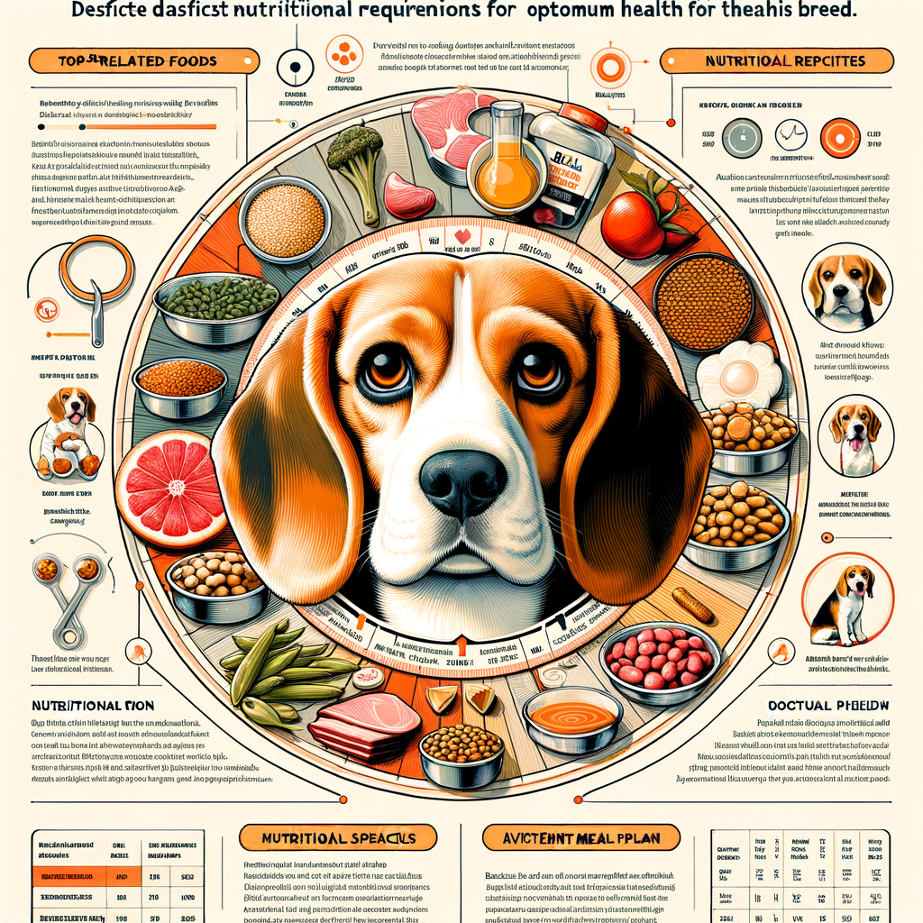 Infographic illustrating a comprehensive Beagle food guide, showcasing the best food for Beagles, Beagle nutrition tips, and a detailed nutrition plan for optimal Beagle health and nutrition.
