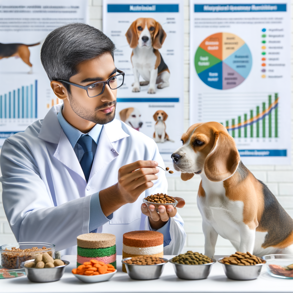 Beagle nutritionist presenting varied diet options and tips for feeding a picky Beagle, highlighting Beagle eating habits, food preferences, and nutritional needs for a healthy Beagle diet.