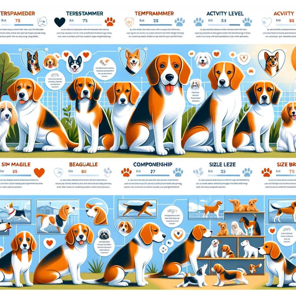 Infographic illustrating Beagle companionship, highlighting the process of choosing the right playmate for a Beagle from a range of Beagle-friendly breeds, emphasizing Beagle socialization and playmate compatibility.