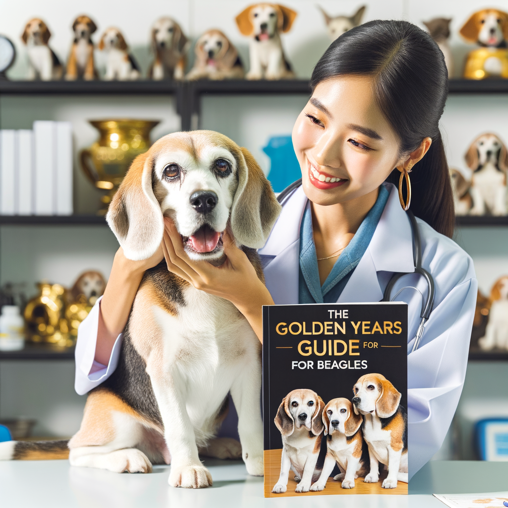 Veterinarian demonstrating senior Beagle care and comforting techniques in a clinic, with the Golden Years Guide for Beagles, a resource for Beagle aging care and senior Beagle health tips, on display.