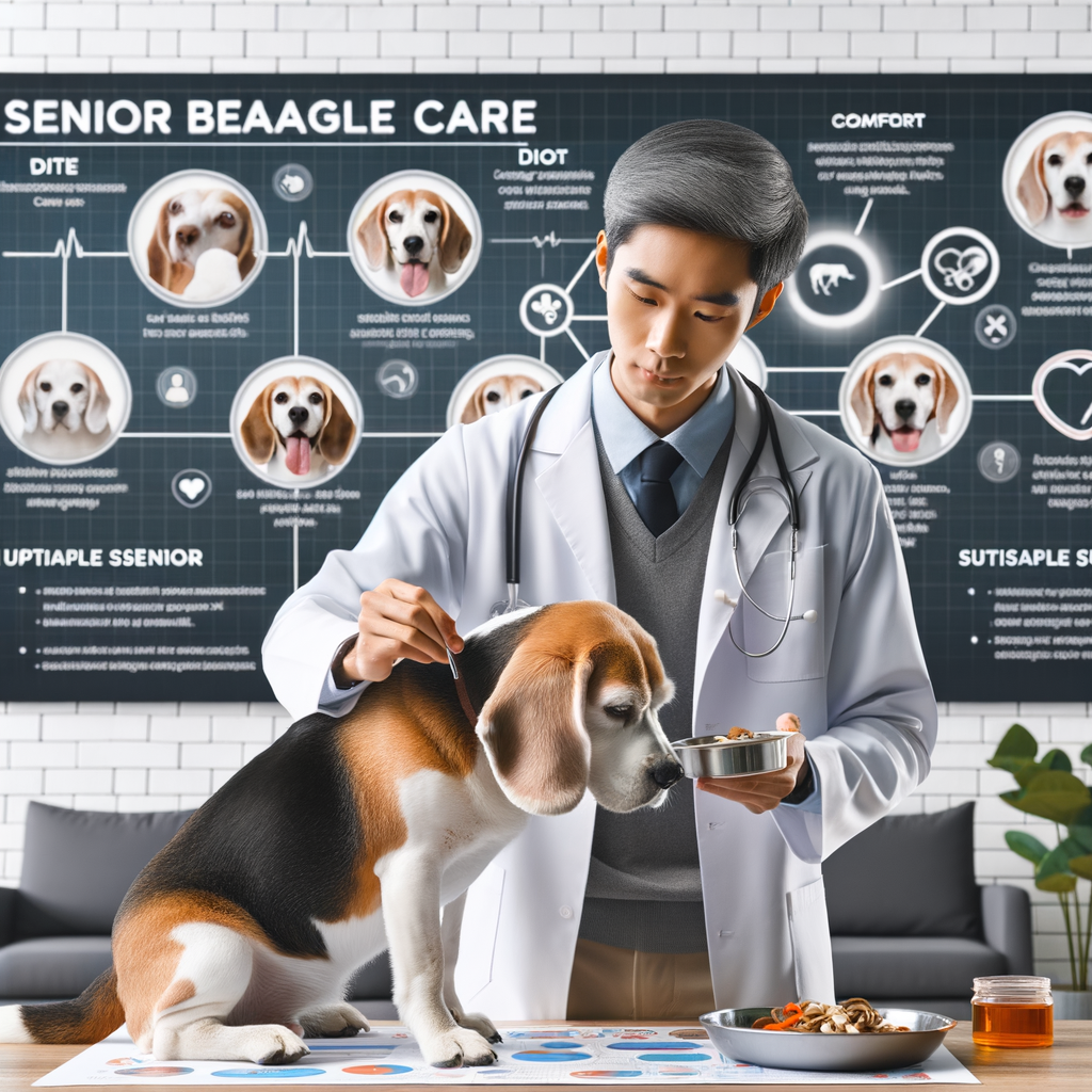 Veterinarian demonstrating senior Beagle health care, including diet, exercise, grooming, and comfort tips, with a chart showing Beagle aging signs and common health issues, emphasizing a healthy senior Beagle lifestyle and the importance of caring for older Beagles.