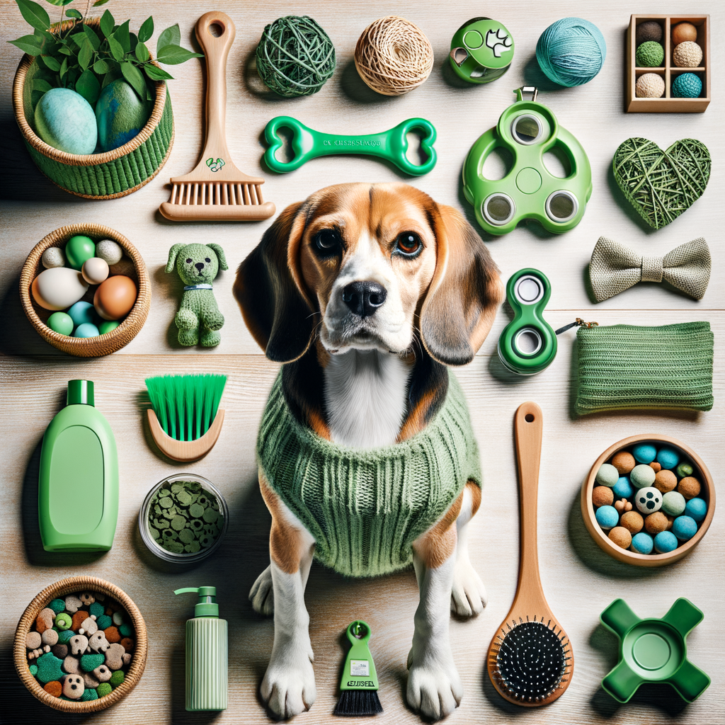 Eco-friendly Beagle products including sustainable Beagle supplies, green toys, environmentally friendly Beagle accessories, natural grooming products, and sustainable Beagle food showcasing the importance of sustainable pet products for Beagles.