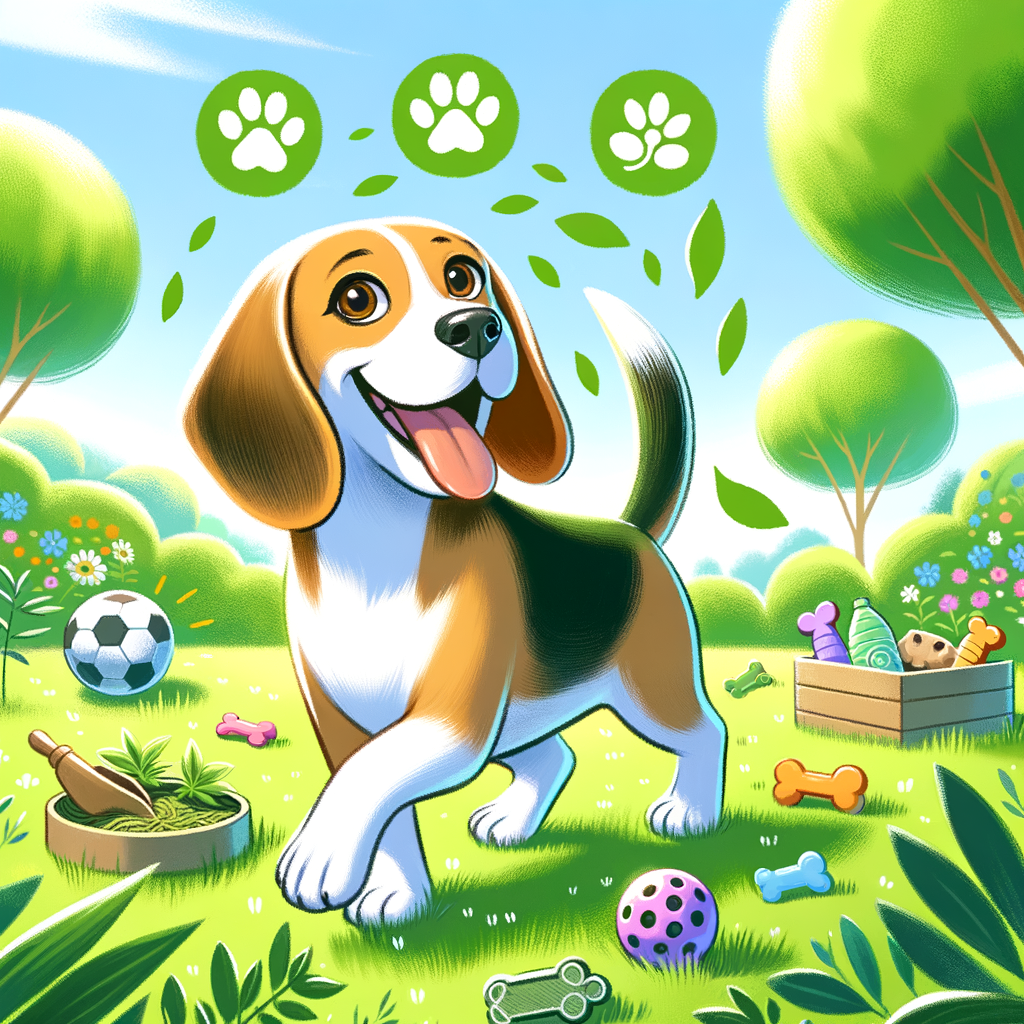 Beagle enjoying sustainable lifestyle with eco-friendly dog care products in a green park, illustrating Green Paws concept and environmentally friendly pet products for Beagle care and diet.