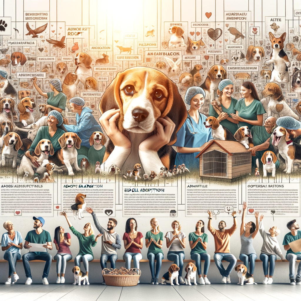 Volunteers at a Beagle rescue center interacting with Beagles, showcasing the Beagle adoption process, adopted Beagle experiences, and success stories of Beagle adoption, with a sidebar of Beagle adoption and care tips.