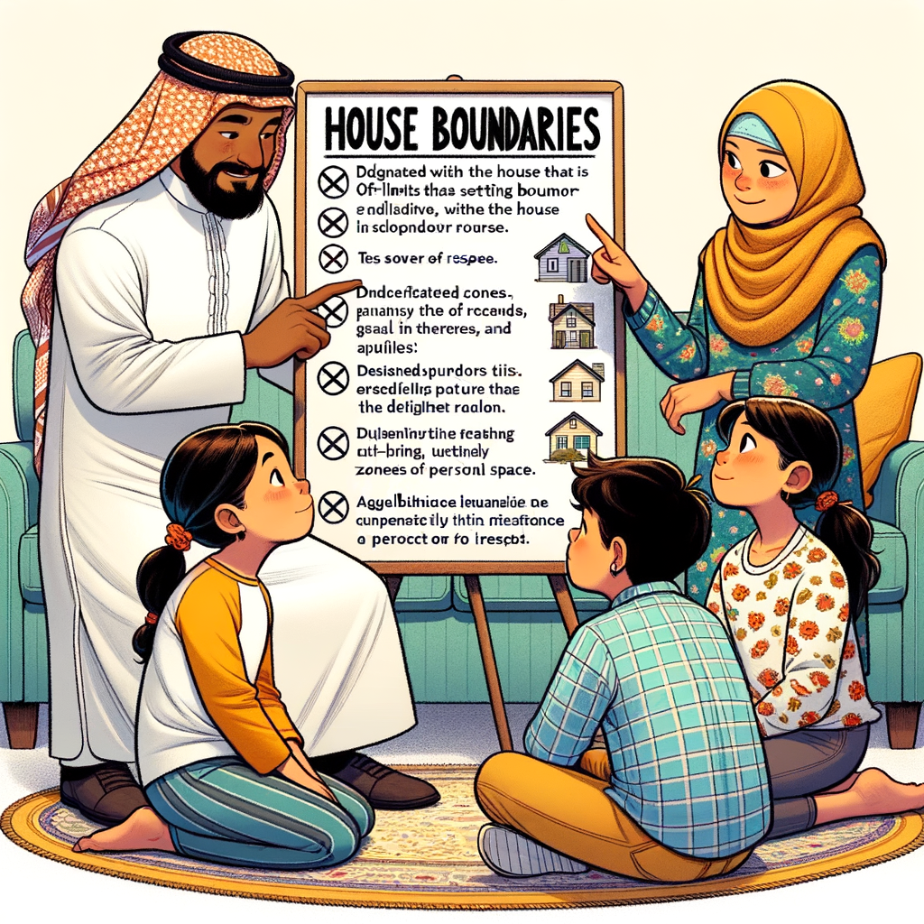 Diverse family setting home boundaries, teaching kids about off-limits areas and the importance of personal space at home, establishing house rules during home etiquette lessons