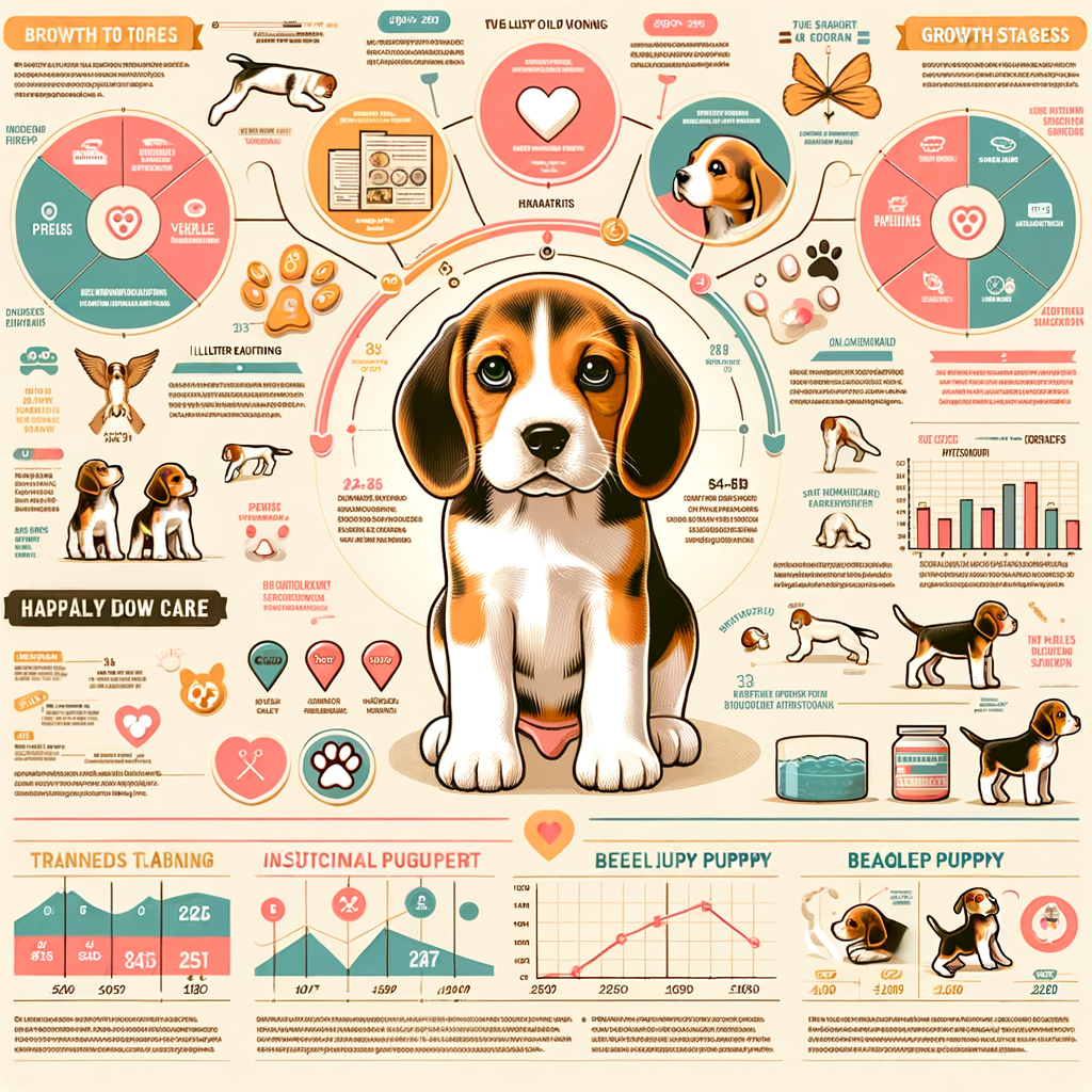 Infographic illustrating Beagle Puppy Growth Stages, Beagle Development Timeline, Beagle Puppy Milestones, and Beagle Puppy Behavior, along with tips on Beagle Puppy Training, Care, and Health.