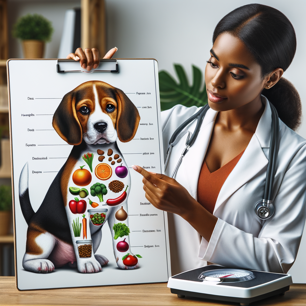 Veterinarian presenting a Beagle diet plan and exercise routine for weight control, showcasing a healthy transformation from an overweight Beagle to a fit one, emphasizing Beagle nutrition and weight management tips.