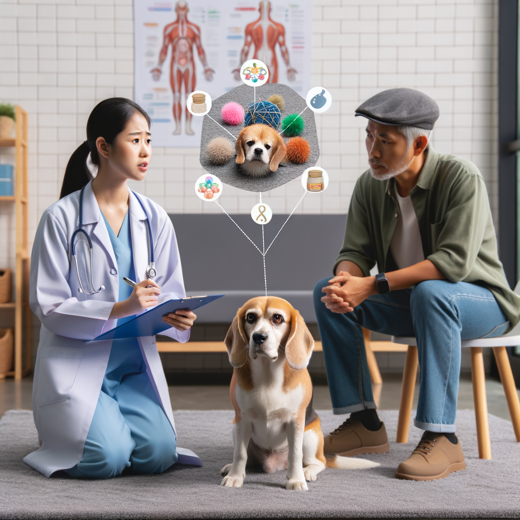 Veterinarian demonstrating Beagle anxiety treatment methods and showcasing tools for dealing with Beagle separation anxiety, behavior problems, and anxiety disorders to a concerned owner with a distressed Beagle showing symptoms.