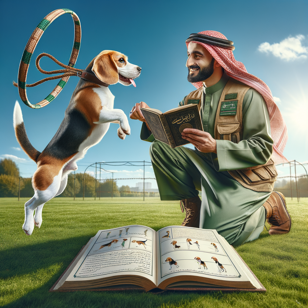 Professional dog trainer mastering advanced Beagle training techniques and tricks outdoors, with Beagle performing impressive tricks and Beagle obedience training guidebook in view.