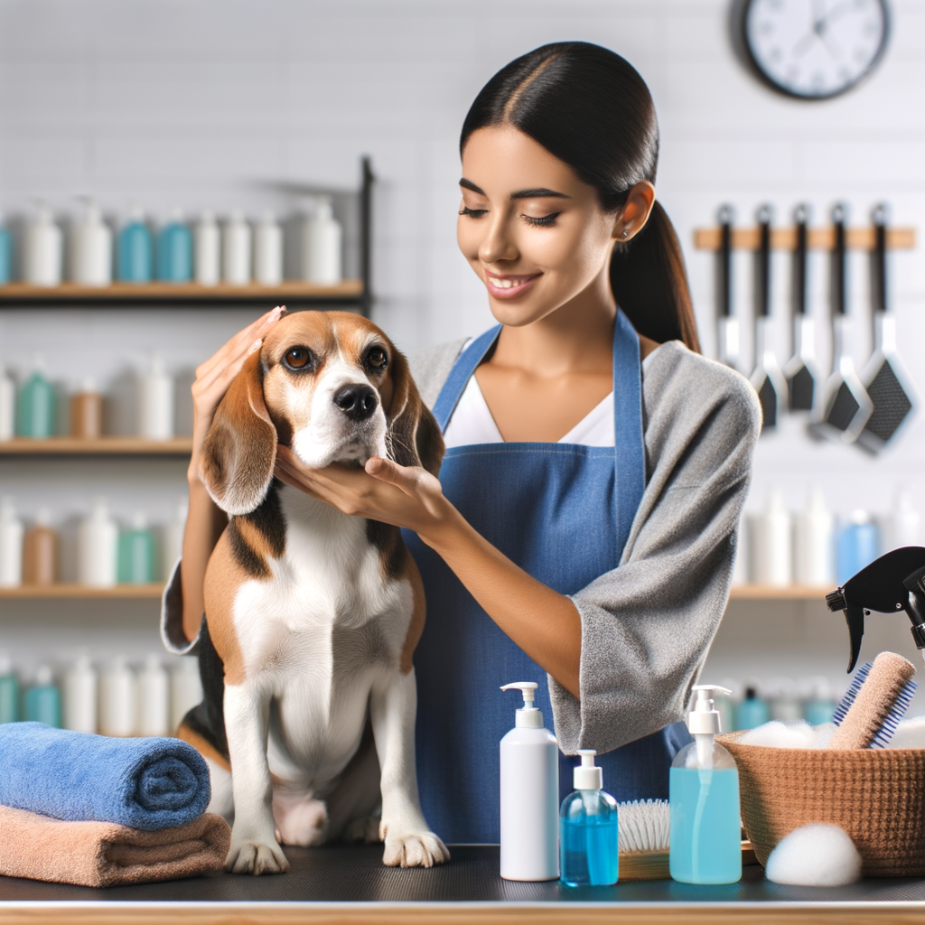 Professional dog groomer demonstrating stress-free dog bath techniques on a Beagle, using Beagle bath products at a clean grooming station, highlighting Beagle bath time, hygiene, and care tips.
