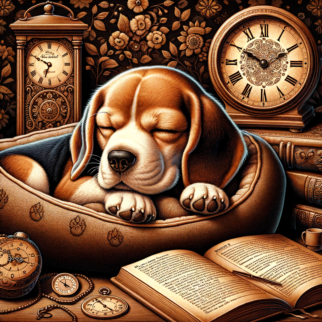 Beagle peacefully sleeping in cozy bed, with clock showing perfect Beagle bedtime and a sleep guide book for Beagle owners highlighting Beagle sleep habits, needs, and training tips.