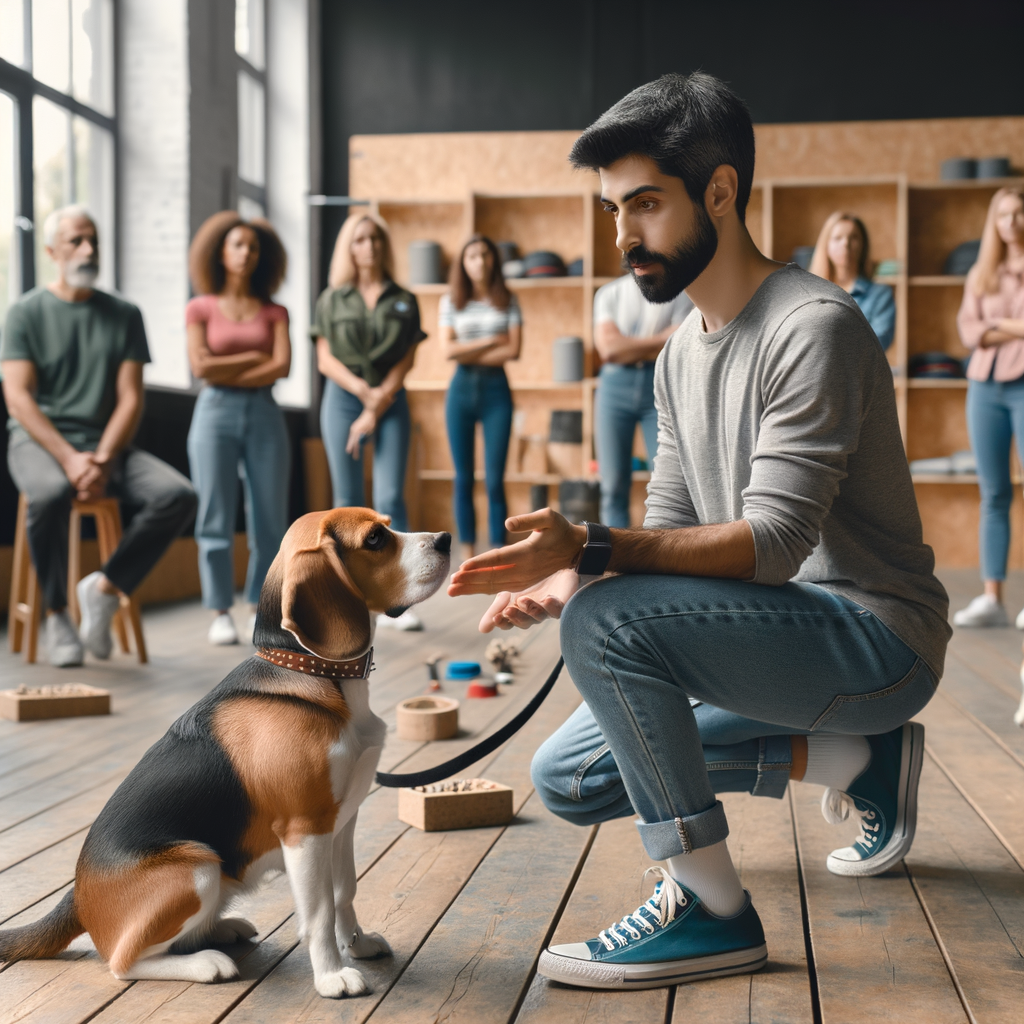 Professional dog trainer applying advanced Beagle training techniques in an obedience class, providing expert Beagle training methods and tips.