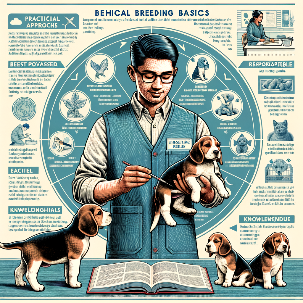 Knowledgeable breeder providing care to Beagle puppies with a Beagle Breeding Basics guidebook, demonstrating Responsible Beagle Ownership and ethical Beagle Breeding Practices for Understanding Beagle Breeding.