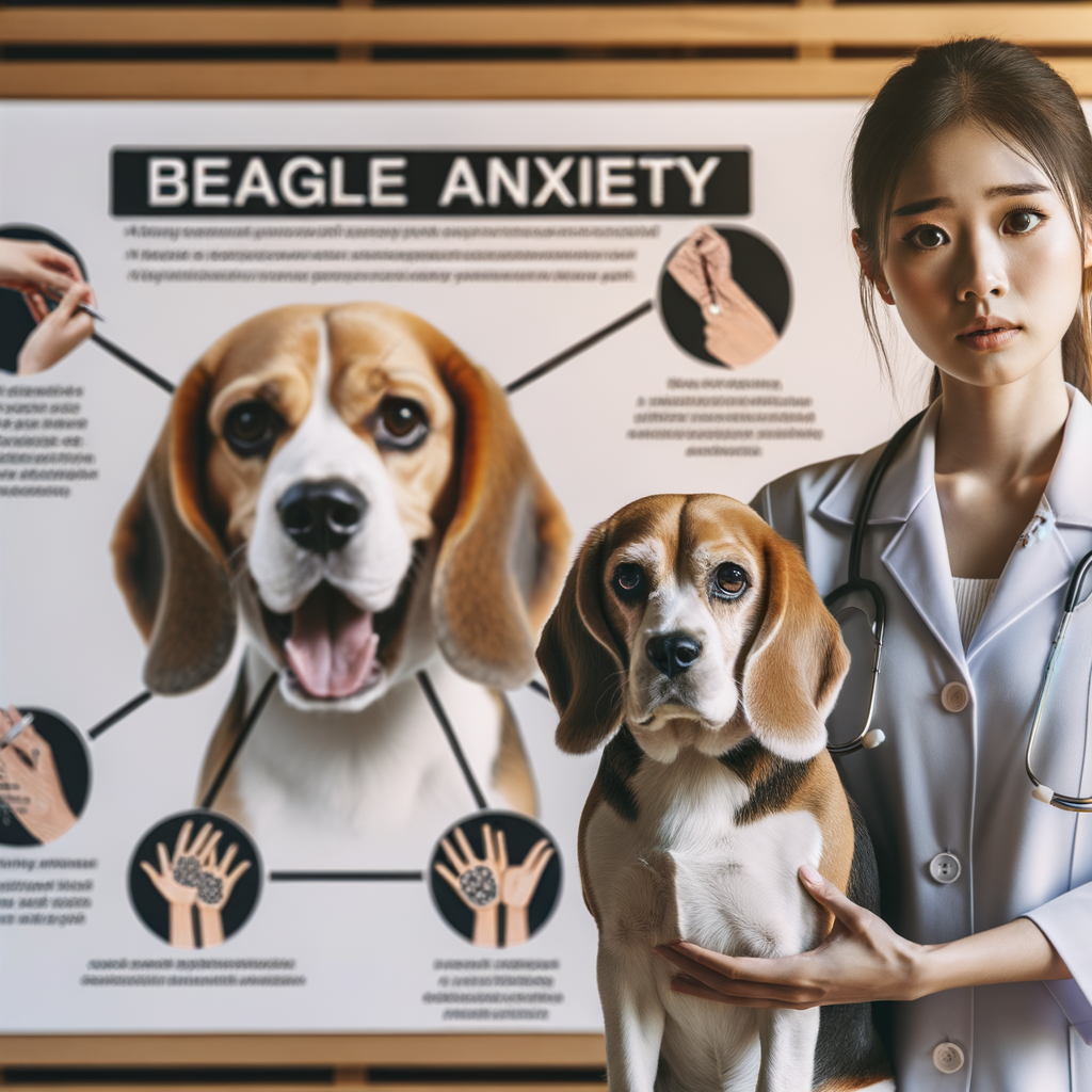 Veterinarian providing a comprehensive guide for beagle anxiety to a dog owner, with a chart of beagle anxiety solutions and a beagle showing signs of separation anxiety, highlighting the importance of managing and preventing beagle separation issues.