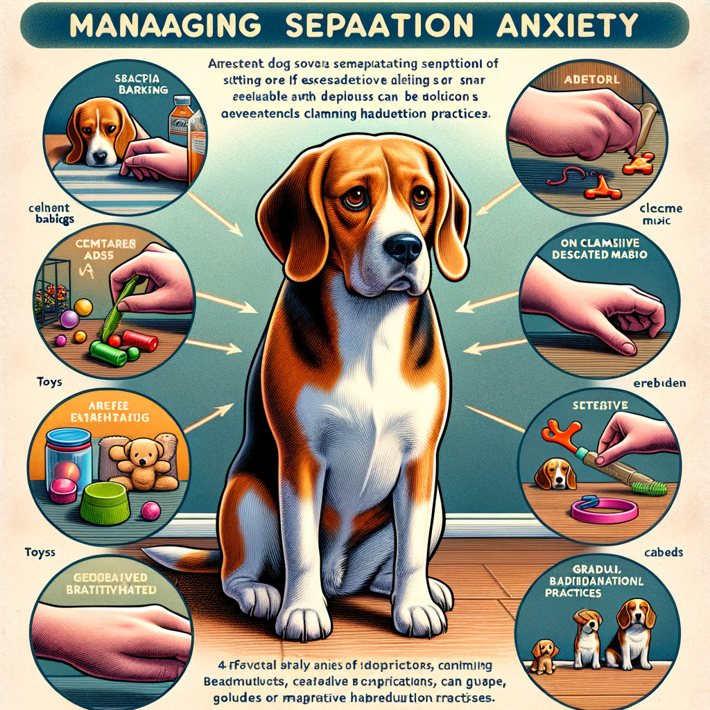 Beagle showing signs of separation anxiety at home, with a comforting hand offering Beagle anxiety solutions from our comprehensive guide for dealing with Beagle separation issues.