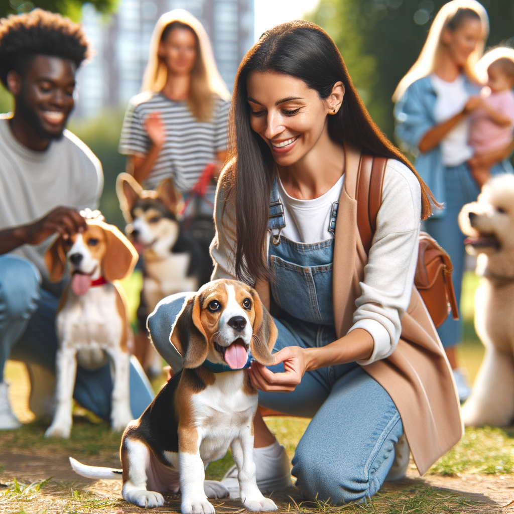 Professional dog trainer demonstrating Beagle training tips and socialization exercises in a park, showcasing Beagle puppy positively interacting with dogs and humans.