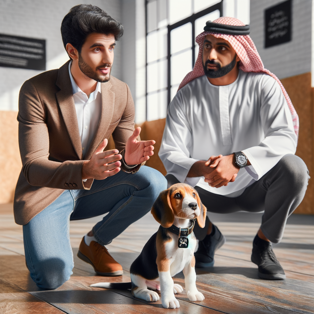 Professional dog trainer providing essential Beagle training tips to a new Beagle owner, demonstrating successful Beagle puppy training for beginners in a well-organized environment.