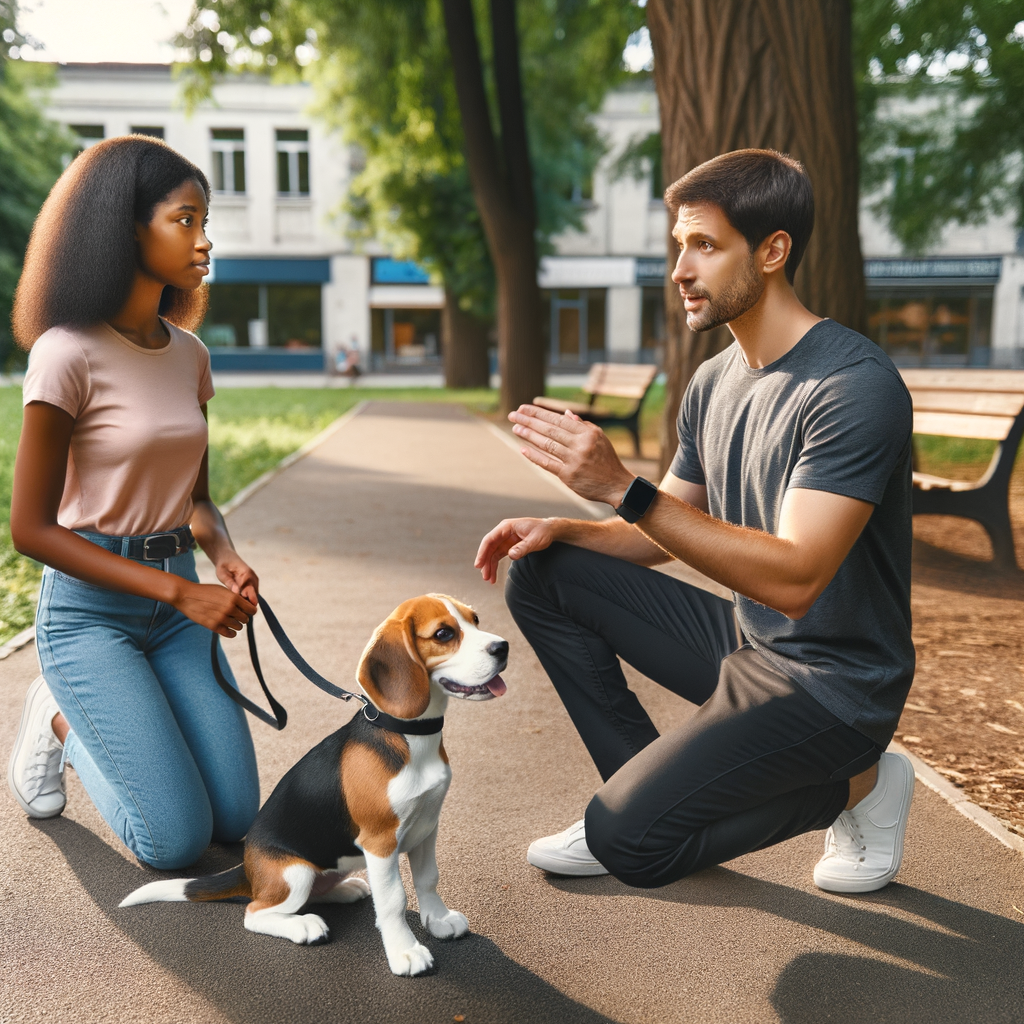 Professional dog trainer providing Beagle obedience training tips and techniques to a new Beagle owner in a park, demonstrating practical Beagle puppy behavior training for beginners.