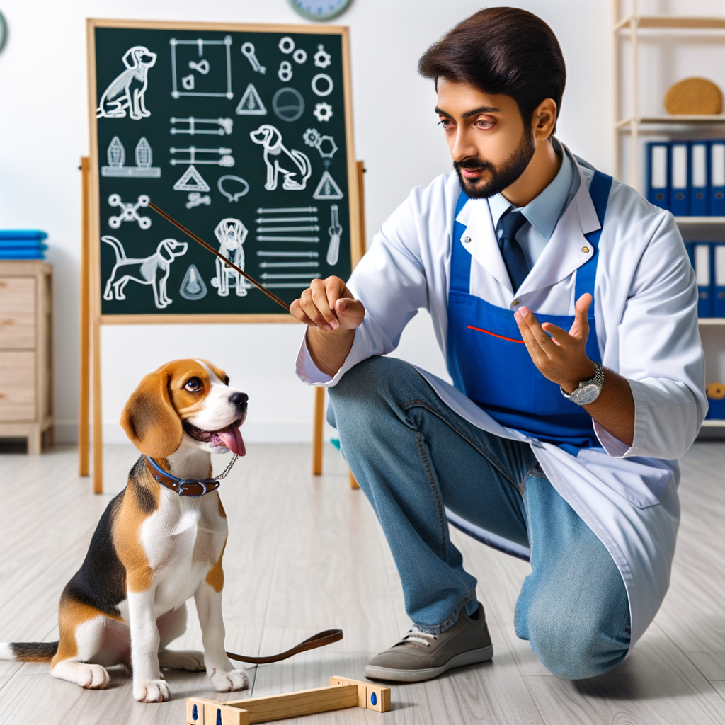 Professional dog trainer demonstrating advanced beagle training tips and techniques to an obedient beagle puppy in a training facility, showcasing beagle obedience and behavior training methods.