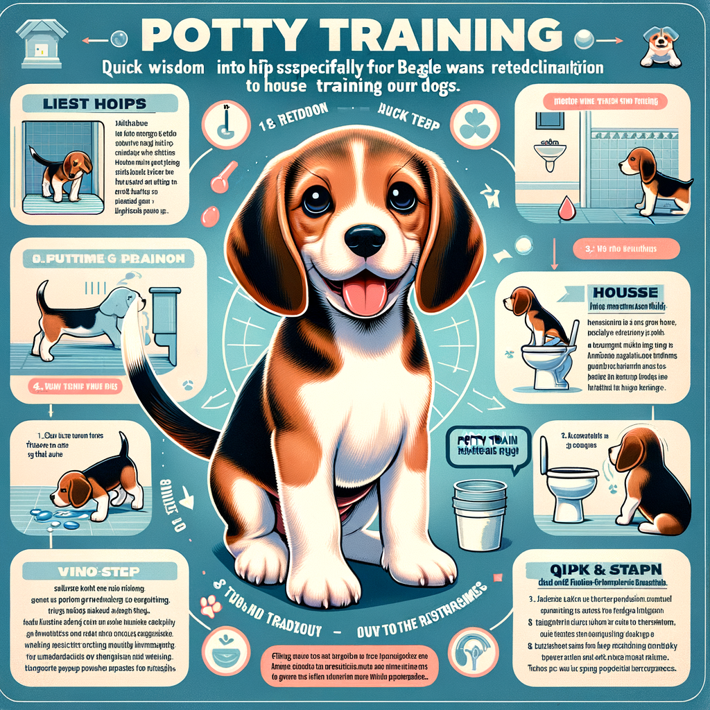 Infographic illustrating Beagle potty training methods and house training techniques, providing a step-by-step Beagle training guide and potty training tips for Beagle owners.