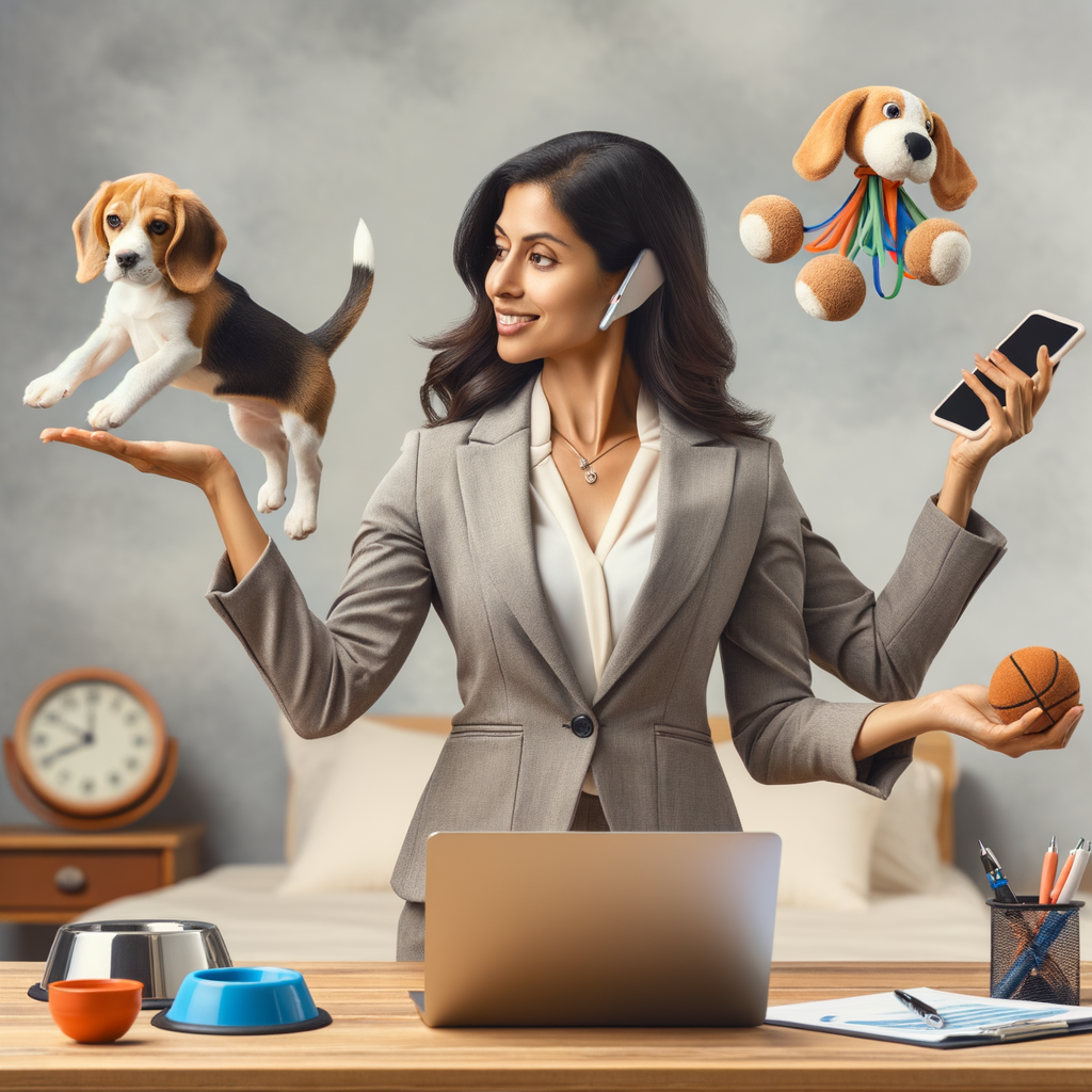 Professional woman successfully juggling work-life balance with laptop, phone, and beagle toy, demonstrating strategies for managing work and pet responsibilities for successful beagle parenting.