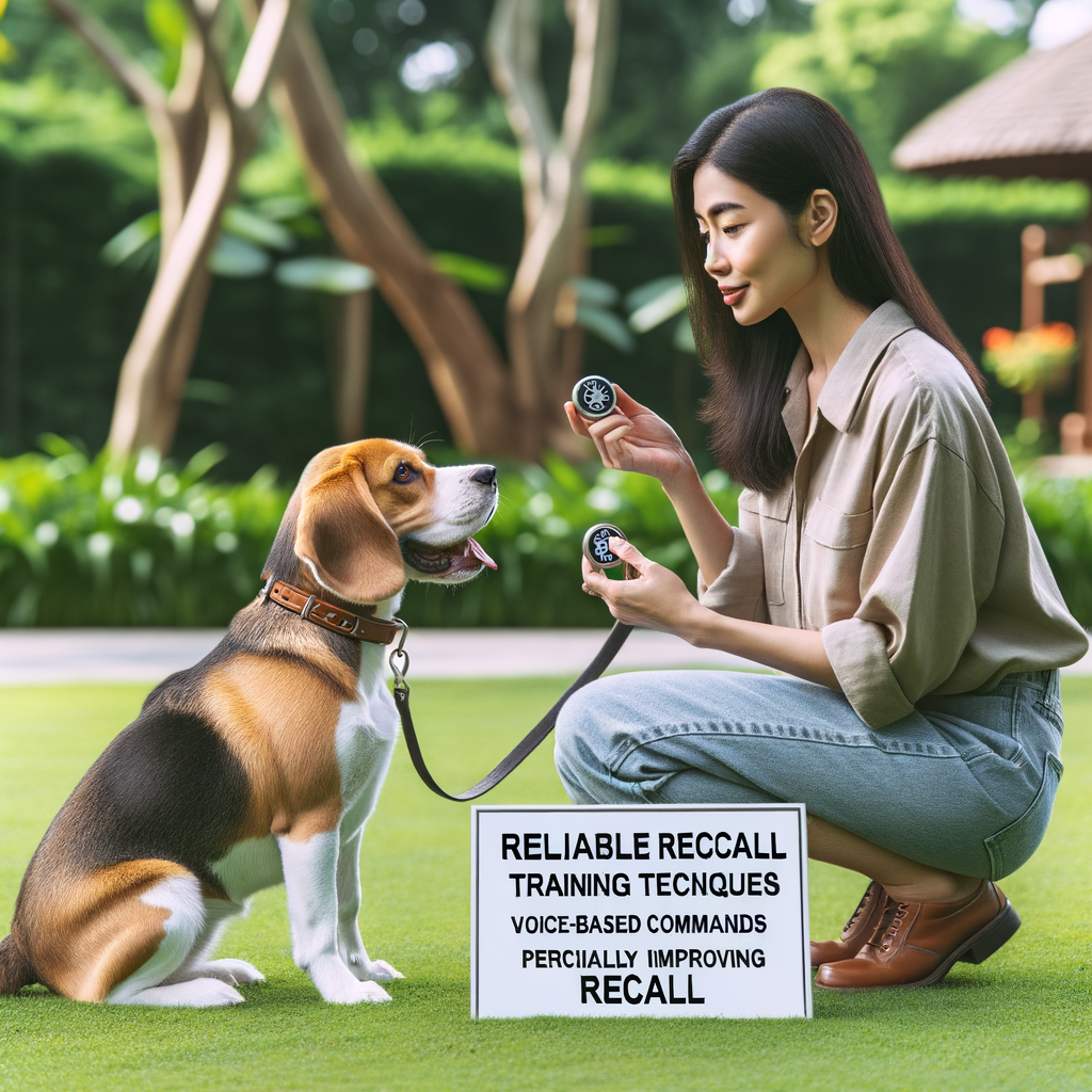Professional dog trainer applying reliable recall training techniques and Beagle come commands during an outdoor Beagle obedience training session, demonstrating practical Beagle training tips for enhancing dog recall and Beagle command improvement.