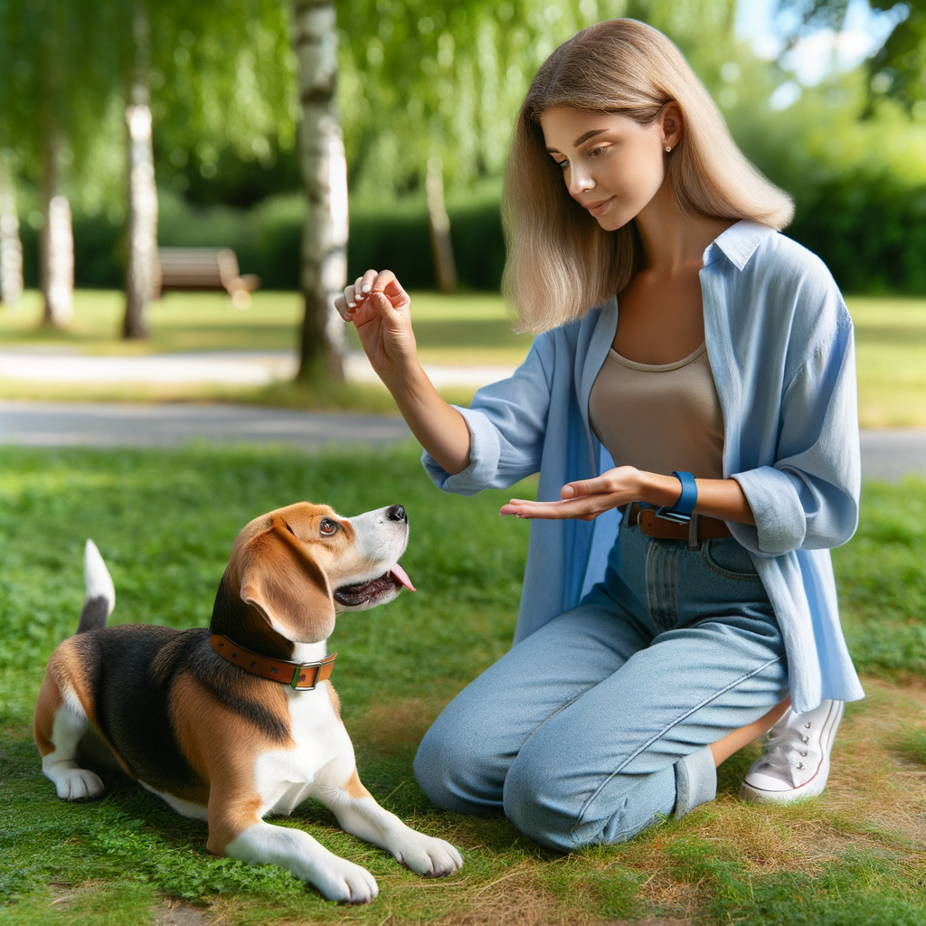 Professional dog trainer applying impulse control and Beagle training techniques for managing Beagle excitability and obedience in a serene outdoor setting.