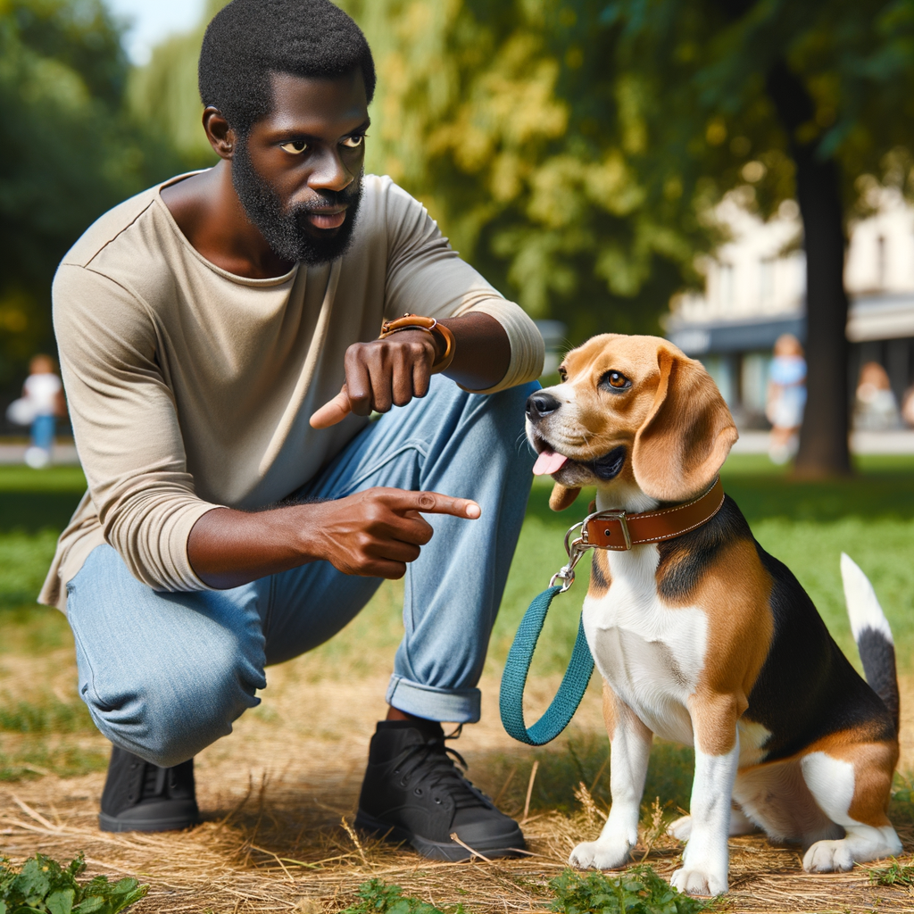Professional dog trainer using Beagle training tips to manage Beagle behavior problems, focusing on controlling Beagle prey drive and understanding Beagle traits to curb Beagle hunting instincts.