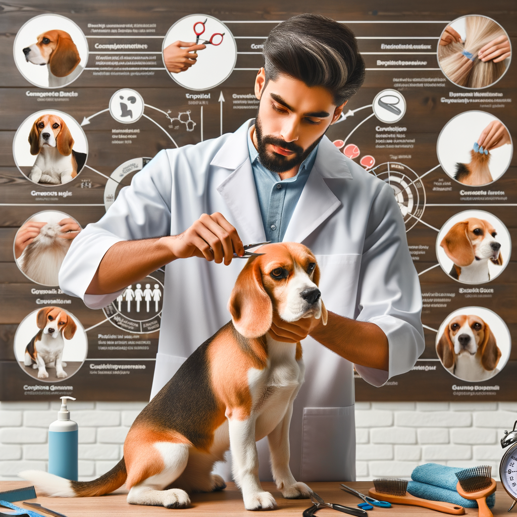 Professional Beagle groomer demonstrating optimal grooming practices, including maintaining the Beagle's coat and hygiene care, as part of a comprehensive Beagle grooming guide with a clear Beagle grooming schedule, showcasing the frequency of Beagle grooming in a Beagle care routine.