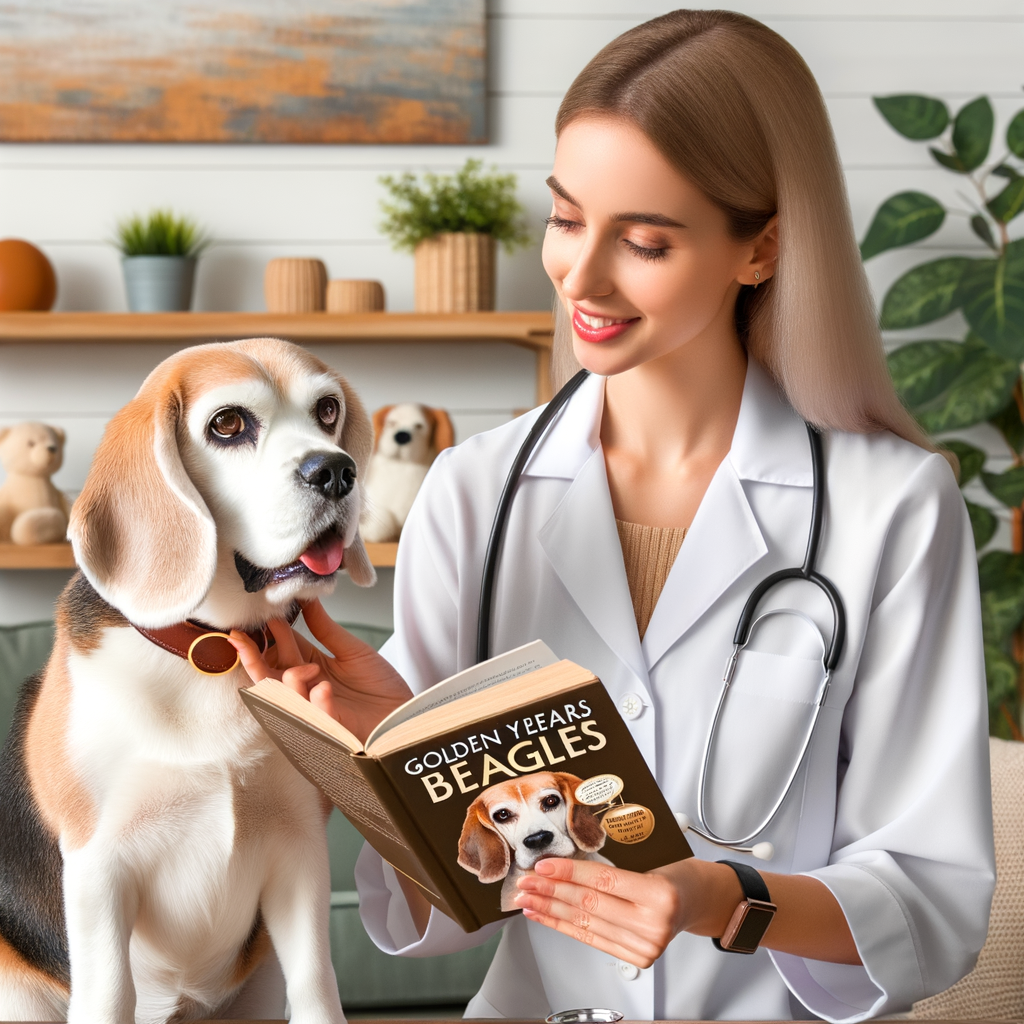 Veterinarian providing senior Beagle care tips focused on diet and exercise, with a Golden Years guide for Beagles book in a comfortable home setting, emphasizing health and comfort tips for aging Beagles.