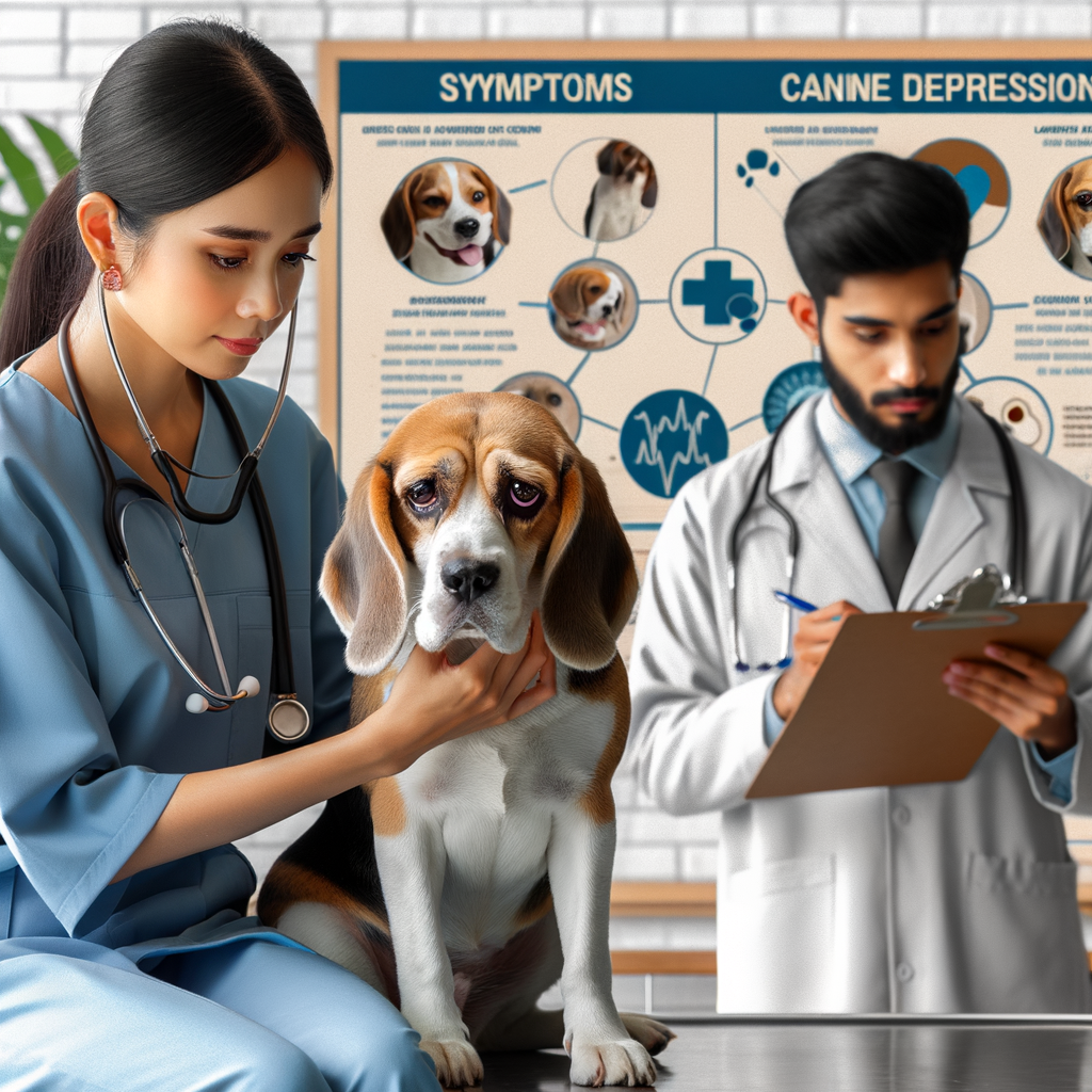 Veterinarian examining a Beagle for signs of depression, highlighting the importance of recognizing and managing canine mental health, specifically Beagle depression.