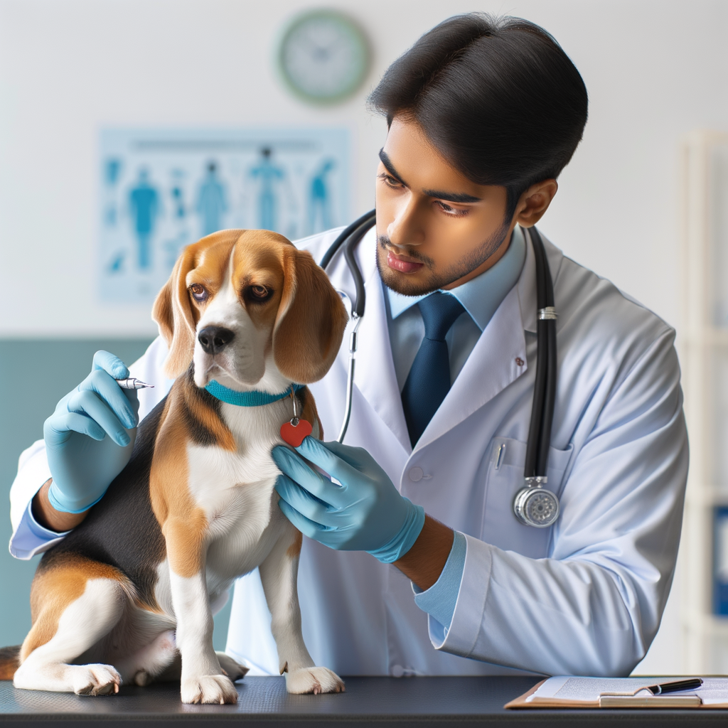 Veterinarian examining a Beagle showing signs of canine depression, highlighting the importance of recognizing dog depression symptoms, managing dog depression, and treatment for dog depression for Beagle mental health.