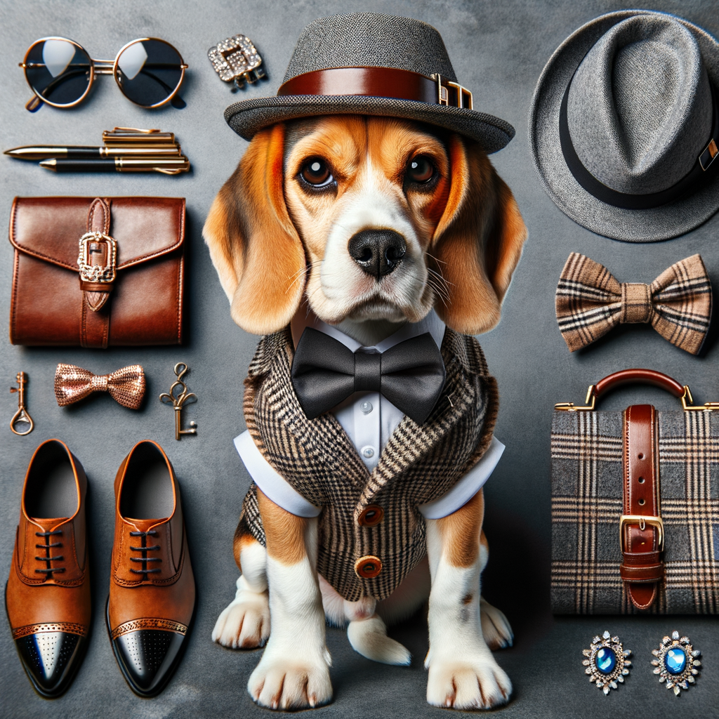 Stylish Beagle modeling high-end dog fashion, including designer dog clothes and trendy Beagle accessories, exemplifying the latest Beagle fashion trends for a Beagle style guide.