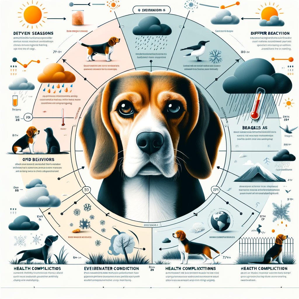 Infographic showcasing the impact of weather on Beagle behavior and health, including seasonal effects, Beagle's reaction to weather changes, and weather-related health issues in Beagles.