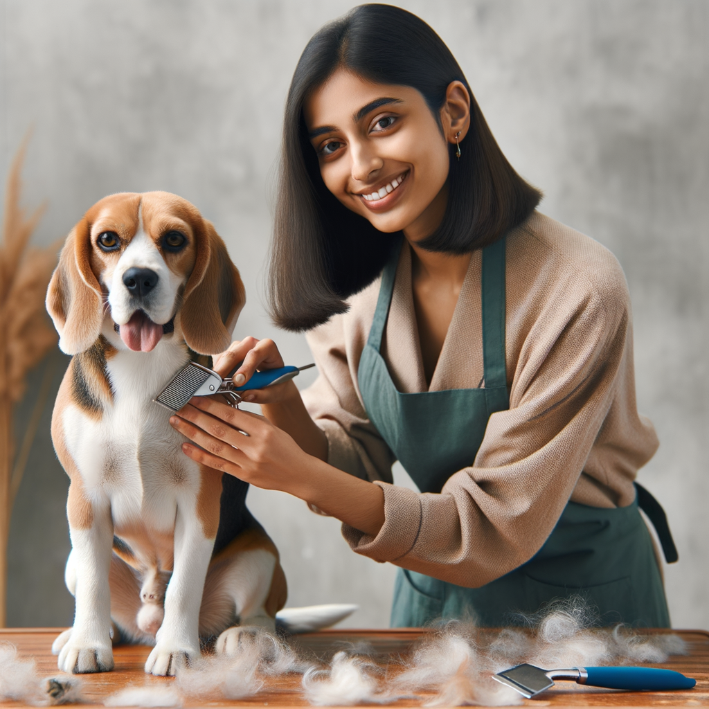Professional pet groomer demonstrating Beagle grooming tips and shedding solutions, highlighting the importance of regular Beagle fur care and coat care during the Beagle shedding season for managing Beagle hair loss.